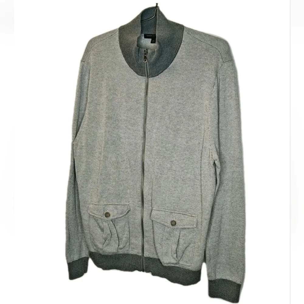 Banana Republic Cardigan Sweater XL Two Tone Gray Bird's Eye Knit Mock Neck Zip